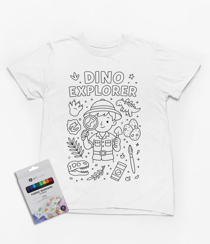 white kids t-shirt with dino explorer fossil and egg colour-in design