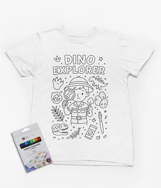 white kids t-shirt with dino explorer fossil and egg colour-in design