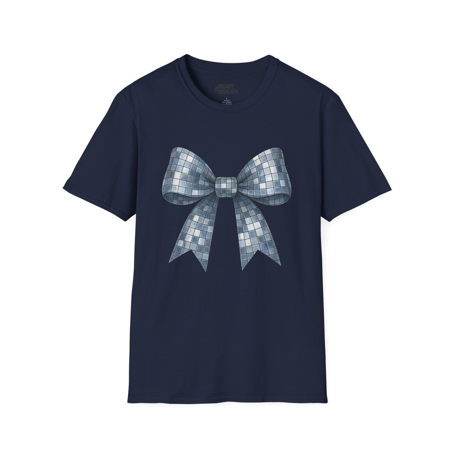 navy t-shirt with disco ball bow party design