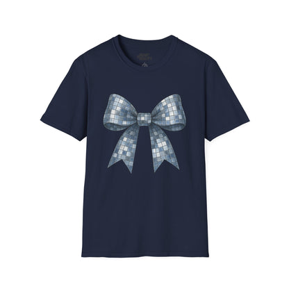 navy t-shirt with disco ball bow party design