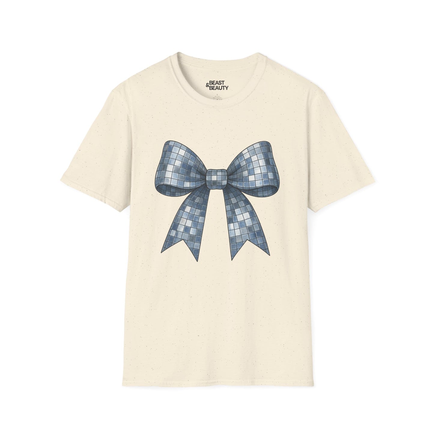 natural t-shirt with shimmering disco ball bow print