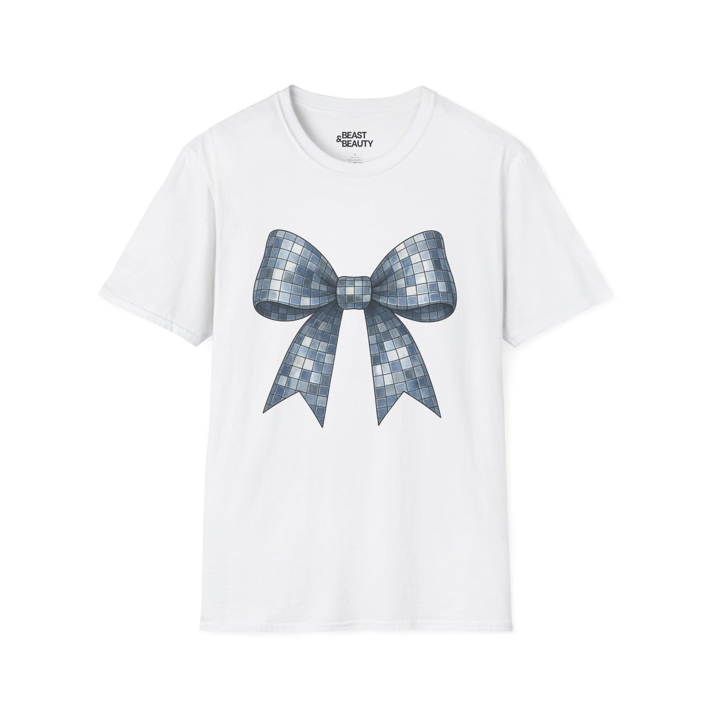 white t-shirt with disco ball bow coquette design