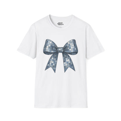 white t-shirt with disco ball bow coquette design