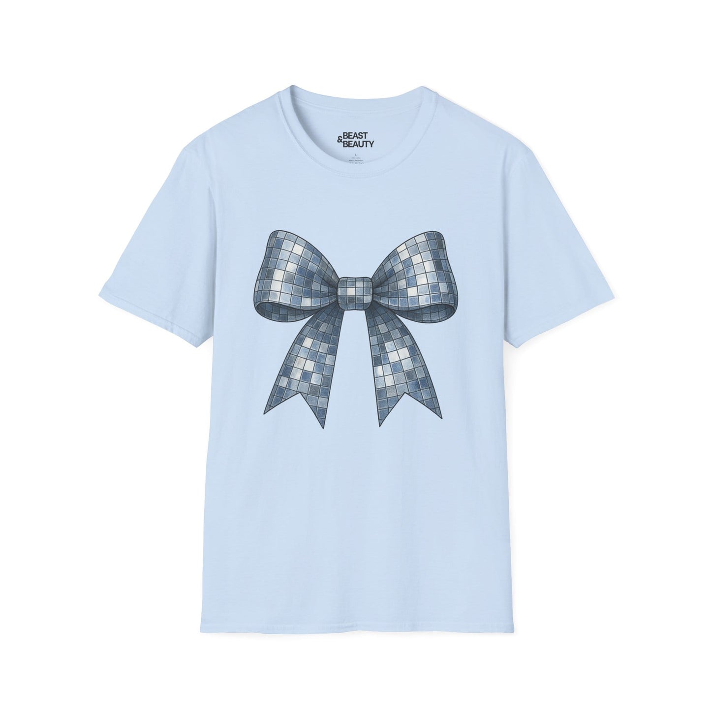 light blue t-shirt with disco ball bow graphic