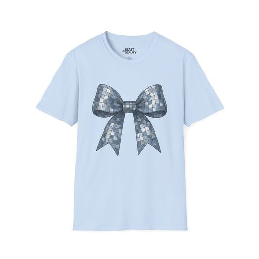light blue t-shirt with disco ball bow graphic