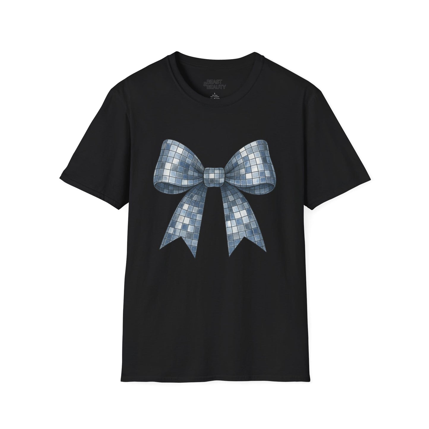 black t-shirt with shimmering disco ball bow design for coquette gift