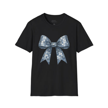 black t-shirt with shimmering disco ball bow design for coquette gift