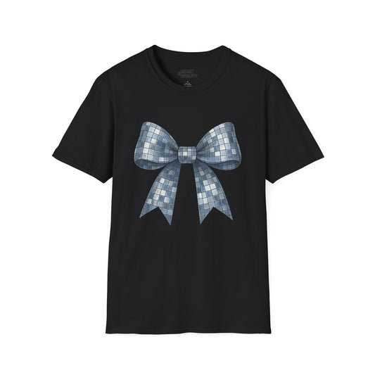 black t-shirt with shimmering disco ball bow design for coquette gift