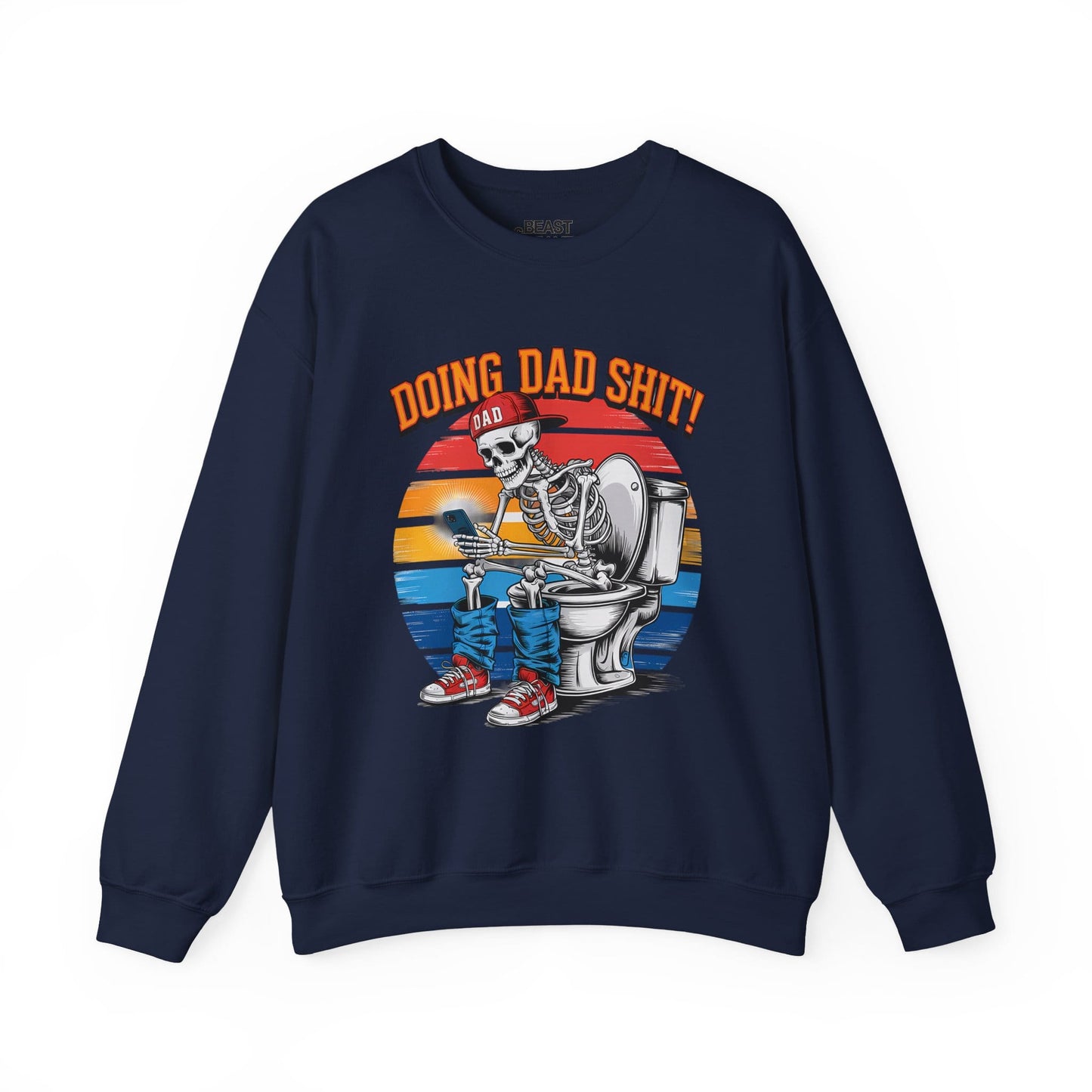 navy sweatshirt with doing dad sh*t vintage graphic design