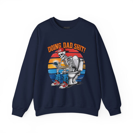 navy sweatshirt with doing dad sh*t vintage graphic design