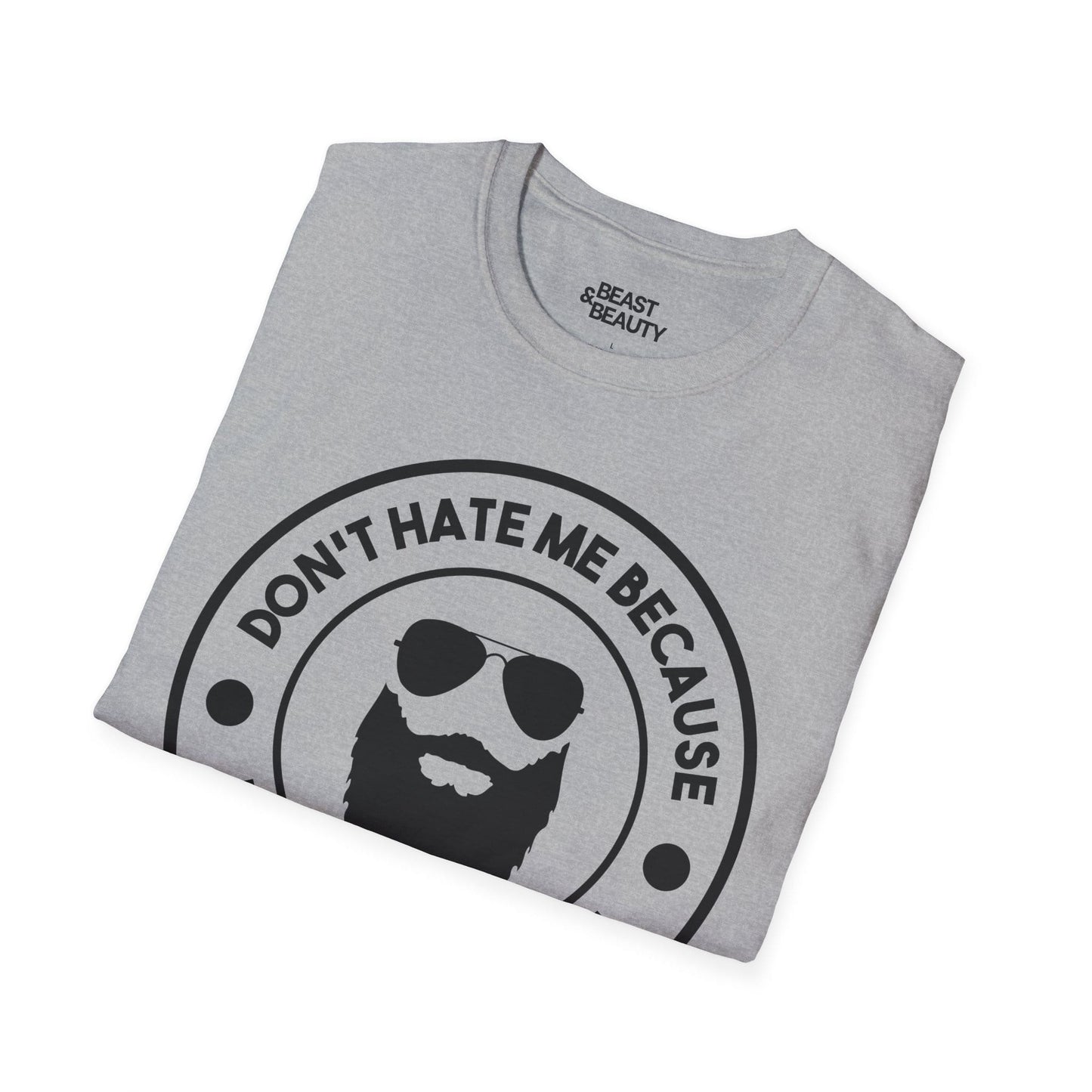 close-up of don't hate me because i'm beardiful printed design on t-shirt
