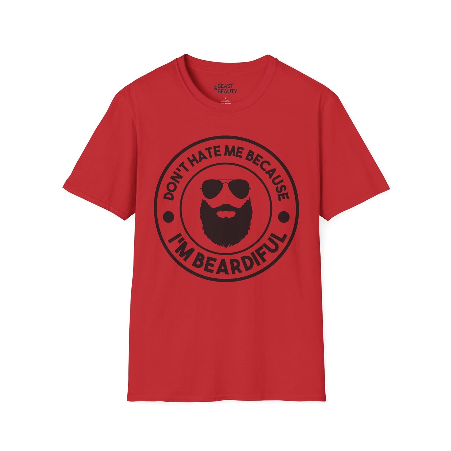 red t-shirt with don't hate me because i'm beardiful funny beard slogan print