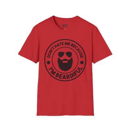 red t-shirt with don't hate me because i'm beardiful funny beard slogan print