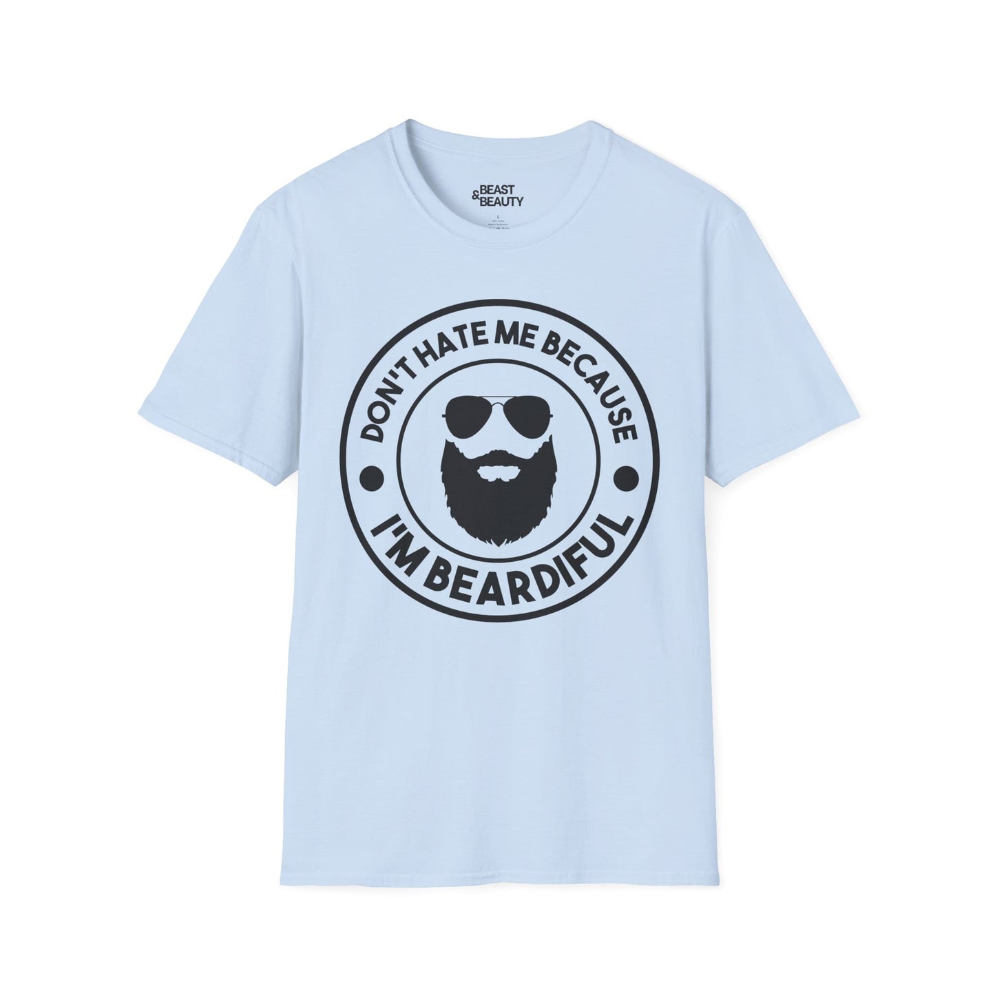 light blue t-shirt with don't hate me because i'm beardiful funny beard design for father's day