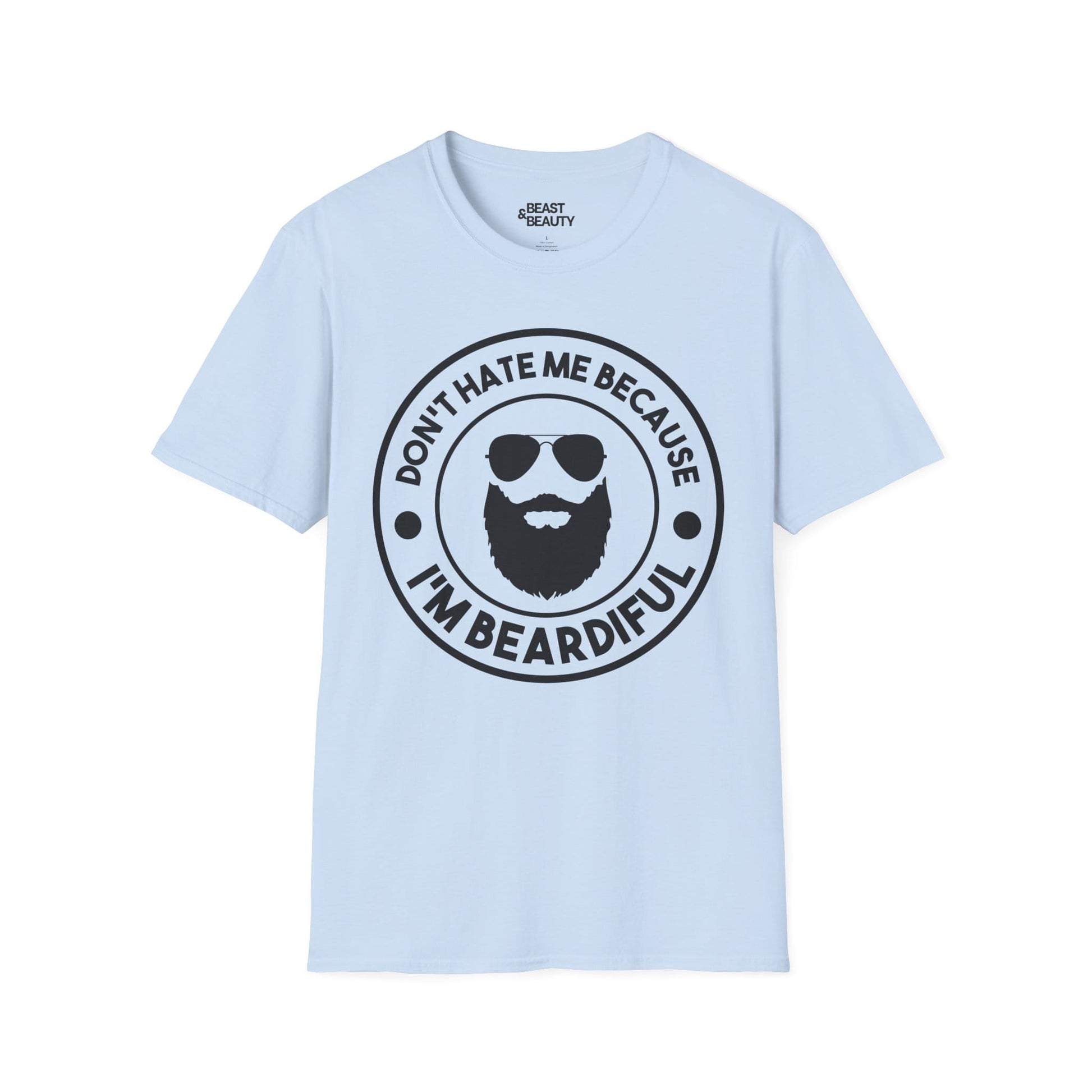 light blue t-shirt with don't hate me because i'm beardiful funny beard design for father's day