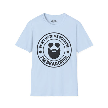 light blue t-shirt with don't hate me because i'm beardiful funny beard design for father's day