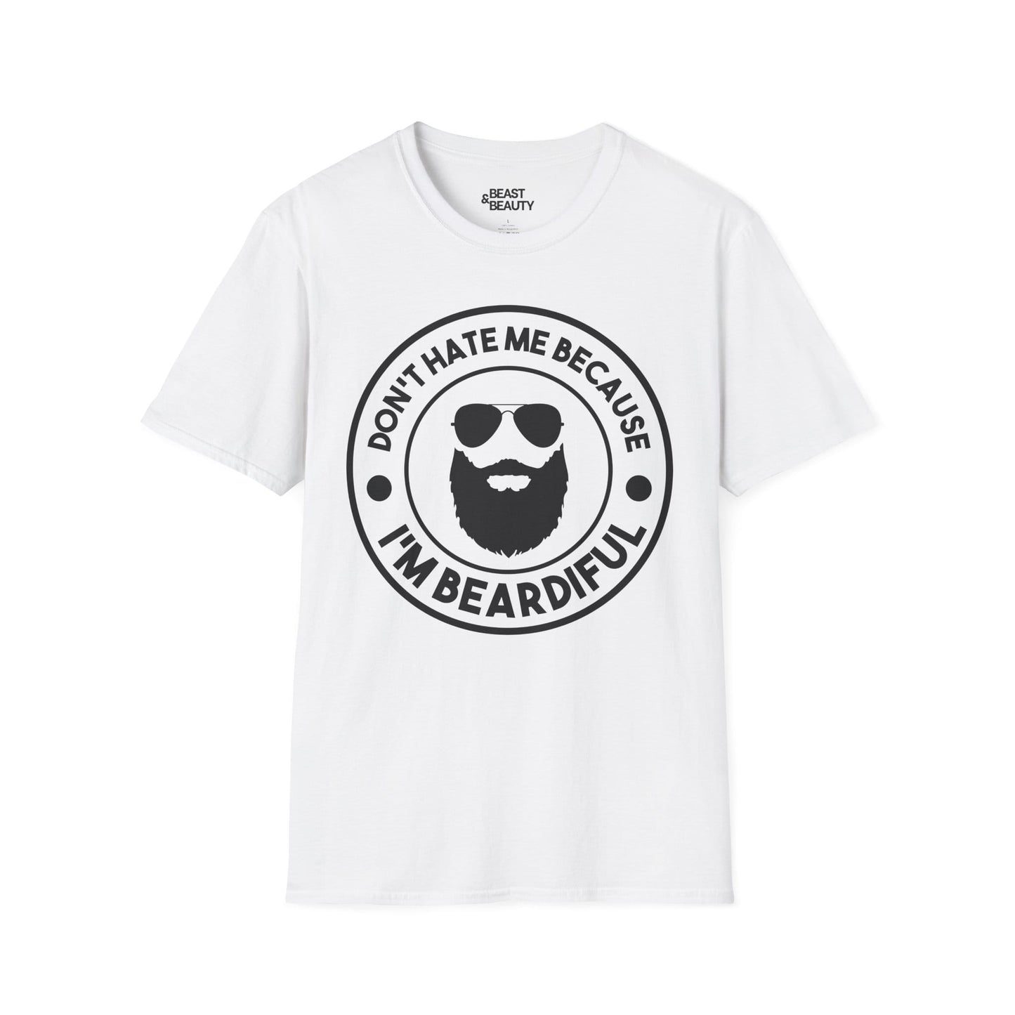 white t-shirt with don't hate me because i'm beardiful funny beard slogan design