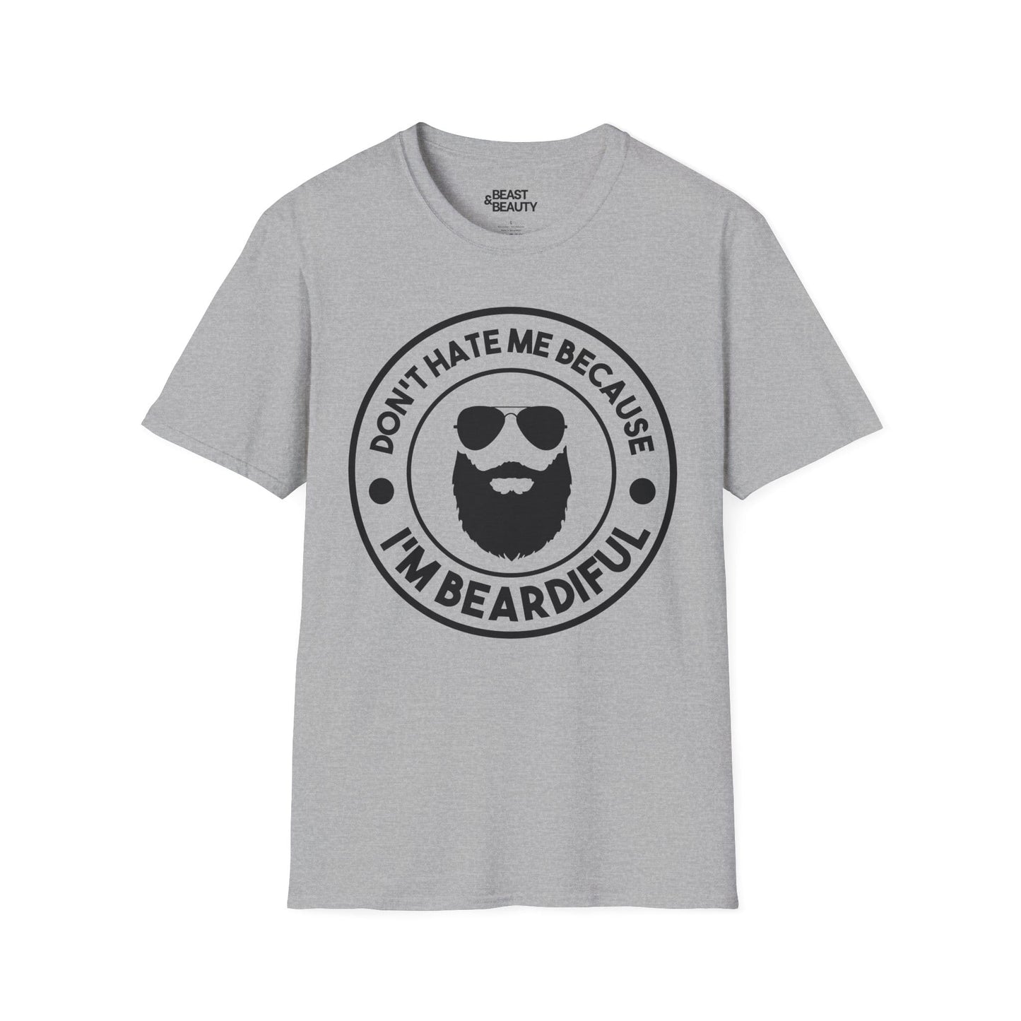 sport grey t-shirt with don't hate me because i'm beardiful funny beard slogan design for dad