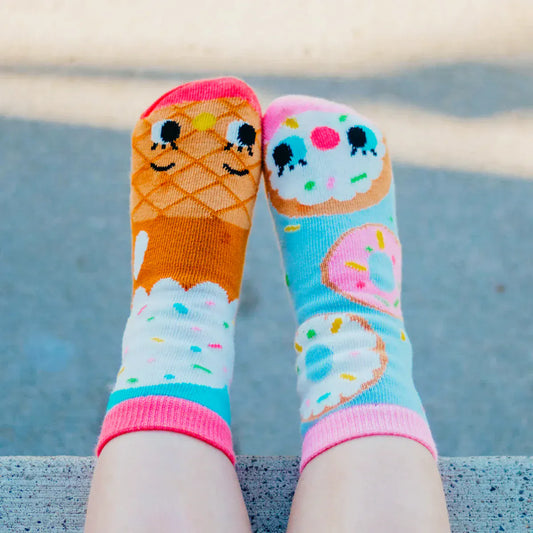 white kids socks with donut and ice cream mismatched funny designs and non-slip grips