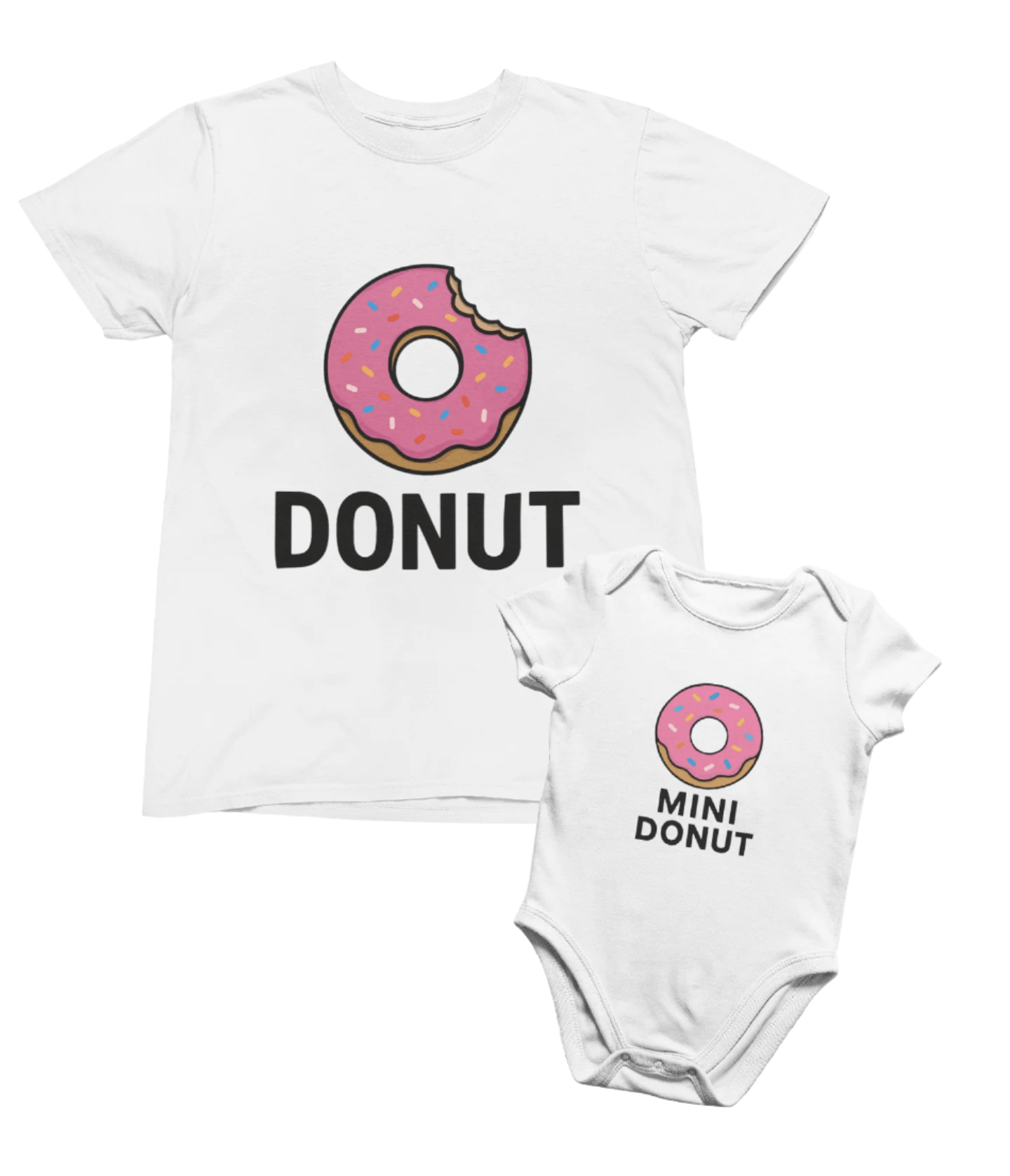black t-shirt and baby grow with cute donut and mini donut matching design for parents and babies