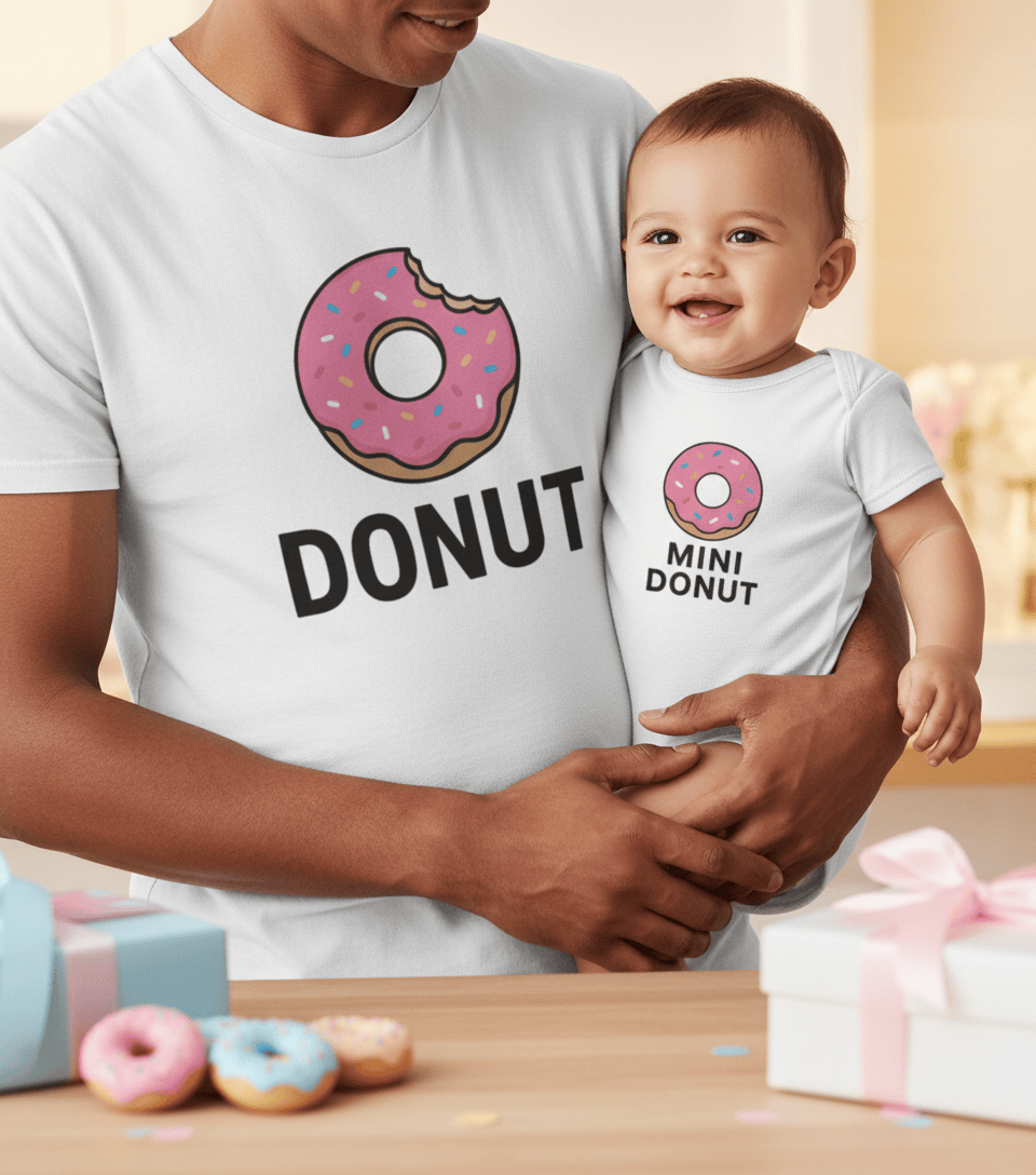 navy t-shirt and baby grow with donut graphic matching parent child outfit