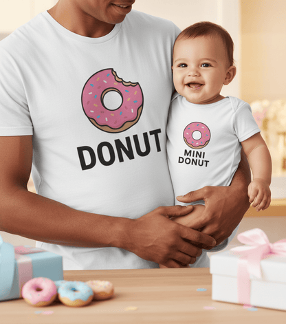 navy t-shirt and baby grow with donut graphic matching parent child outfit