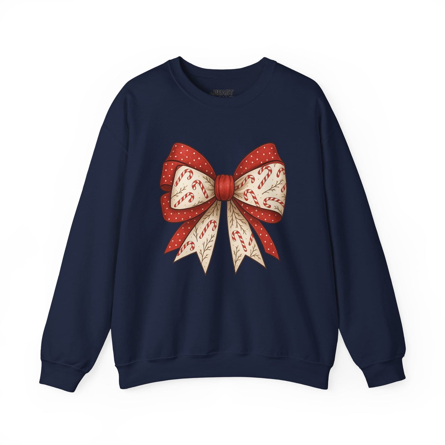 navy sweatshirt with festive candy cane bow Christmas print