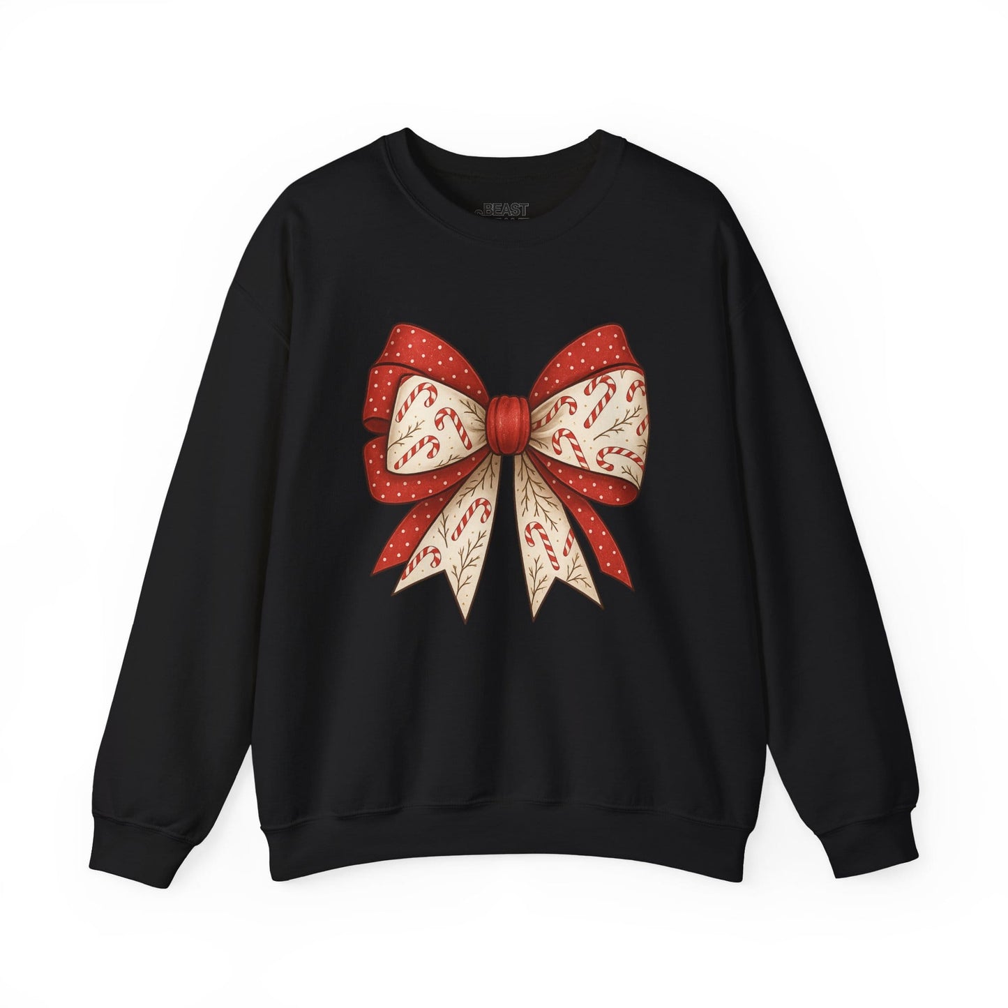 black sweatshirt with double candy cane bow coquette design for Christmas