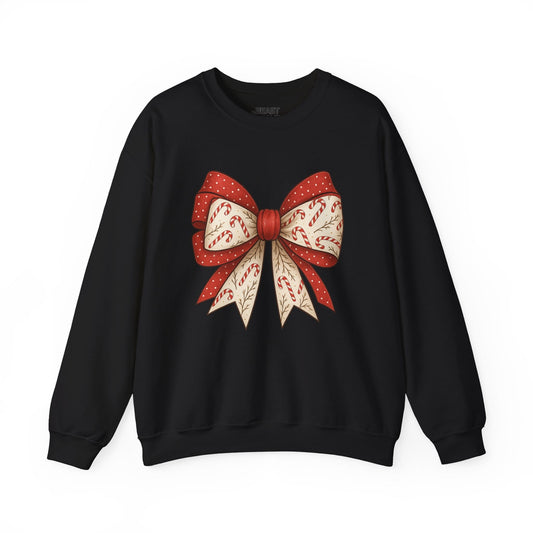 black sweatshirt with double candy cane bow coquette design for Christmas
