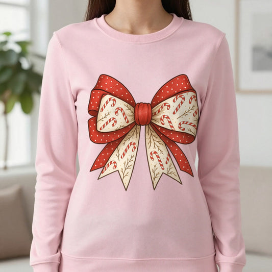 Double Candy Cane Bow Sweatshirt in Light Pink, worn, our photo