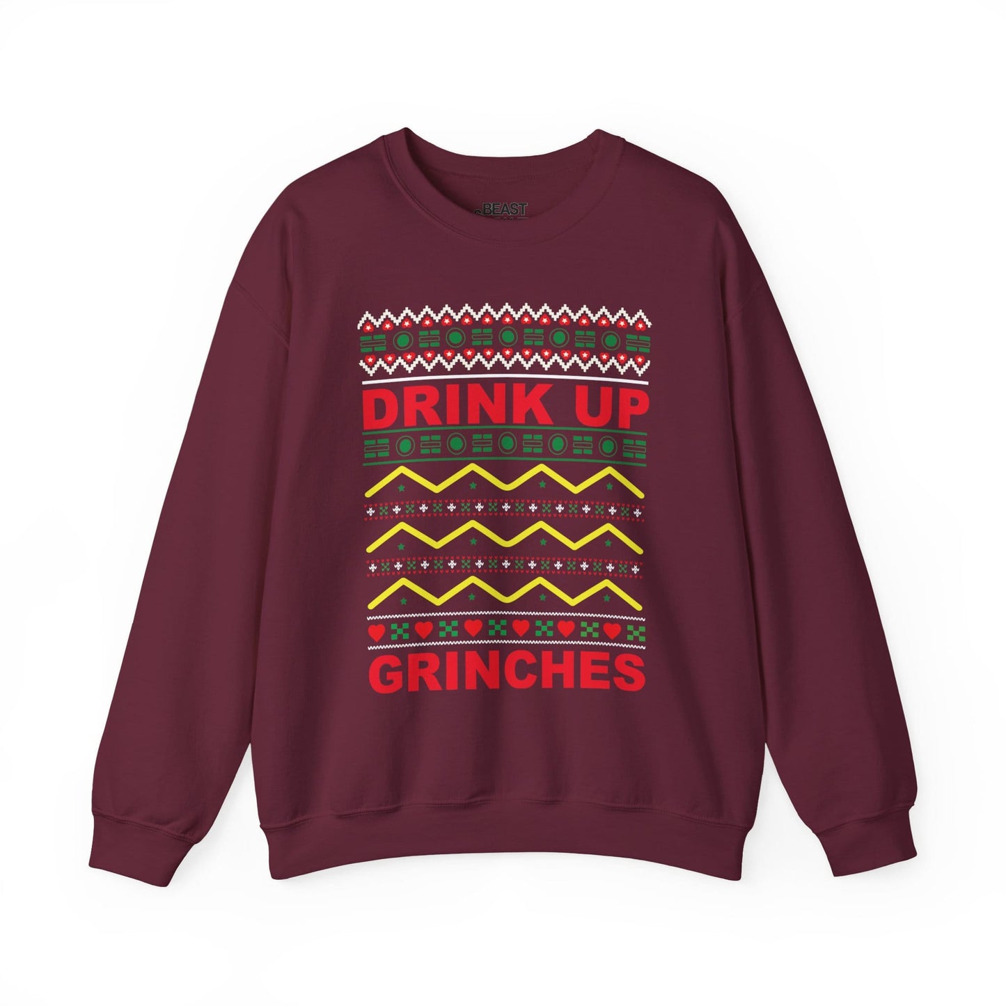 maroon sweatshirt with drink up grinches holiday party print
