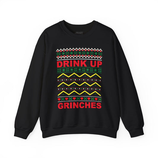 black sweatshirt with drink up grinches festive christmas graphic