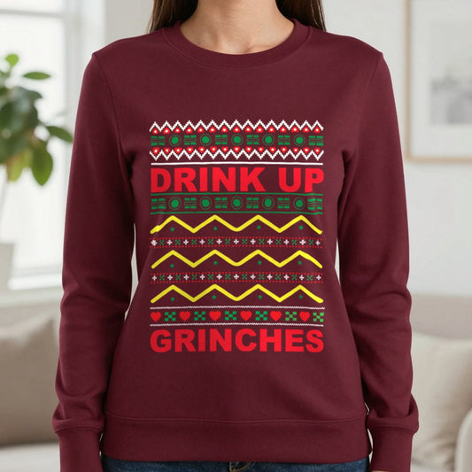 Drink Up Grinches Christmas Sweatshirt in Maroon, worn, our photo