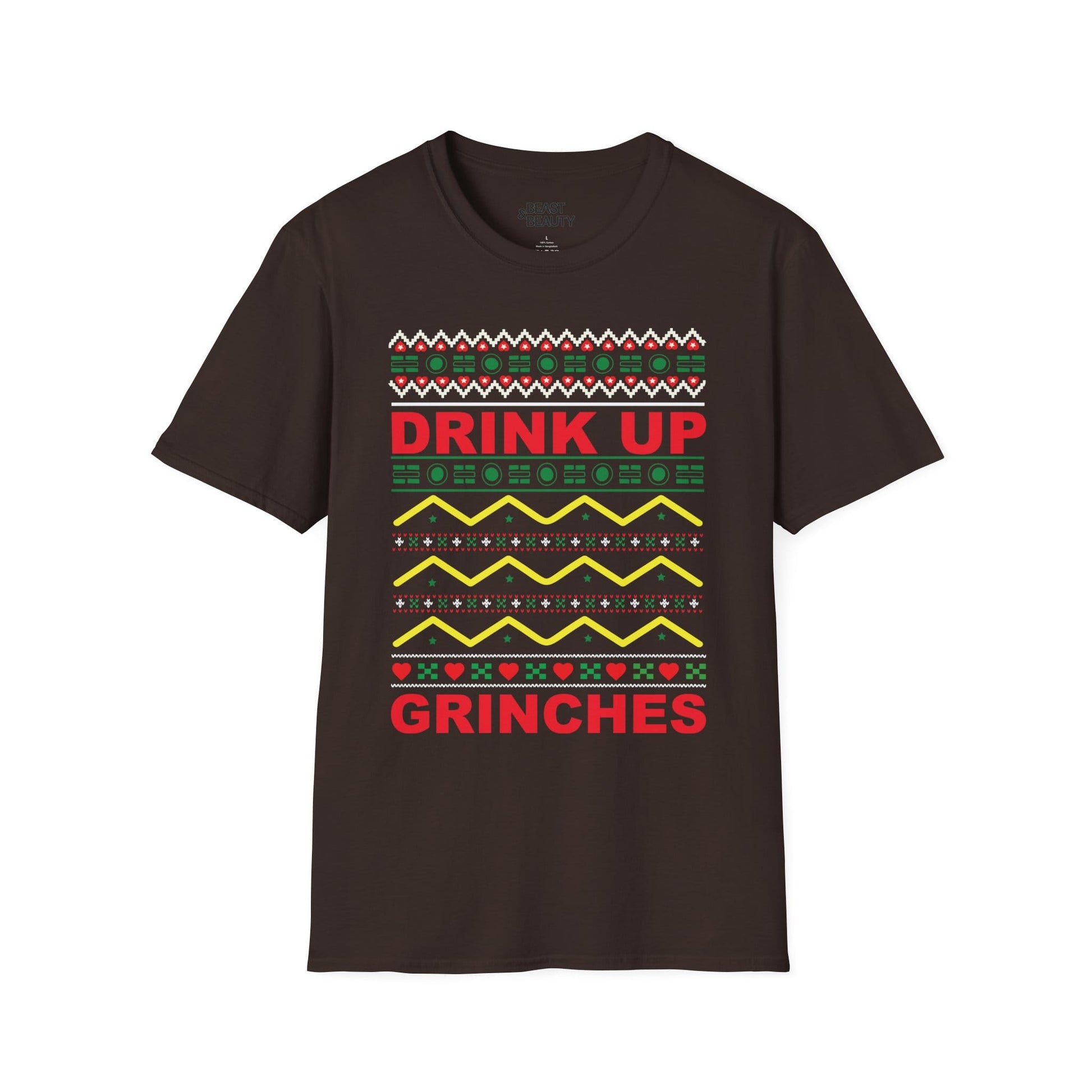 dark chocolate t-shirt with drink up grinches festive print