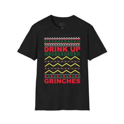 black t-shirt with drink up grinches humorous holiday graphic