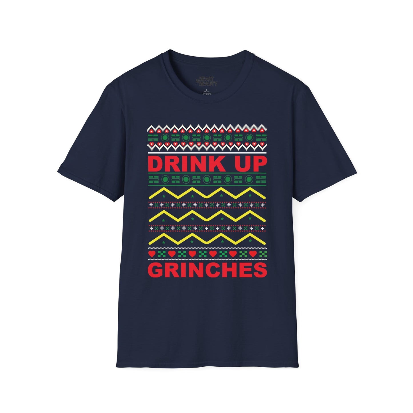 navy t-shirt with drink up grinches funny Christmas design