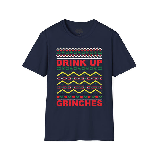 navy t-shirt with drink up grinches funny Christmas design