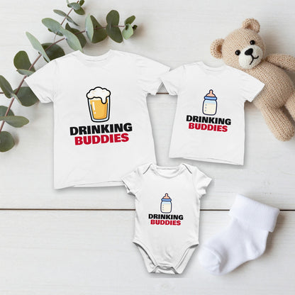 Drinking Buddies matching set flat lay with kids tee