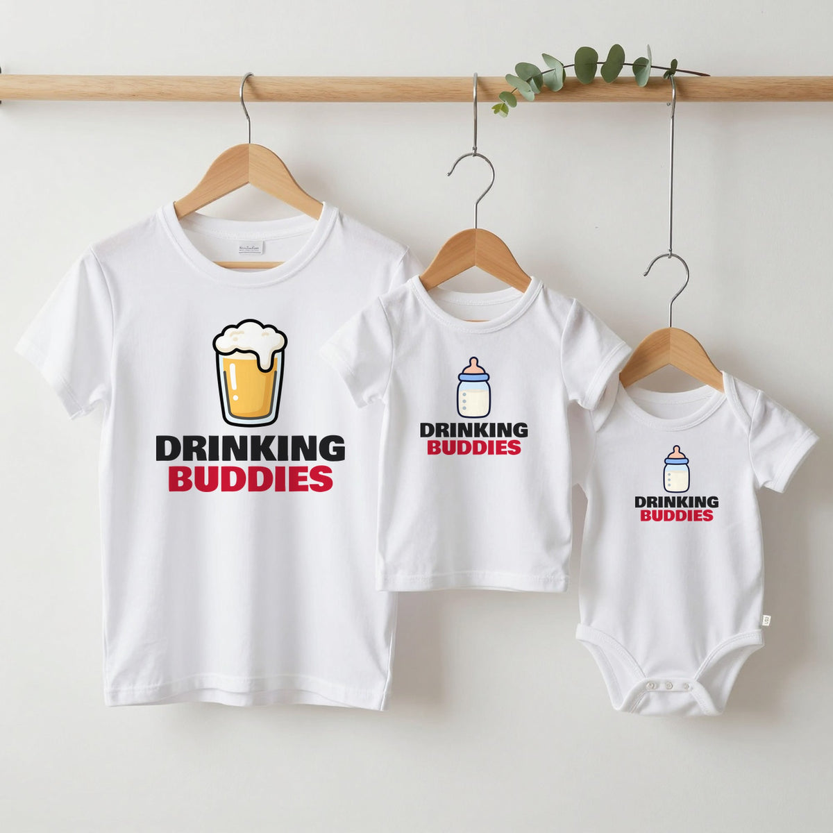 Drinking Buddies matching set grown-up tee, kids tee and baby grow on hangers