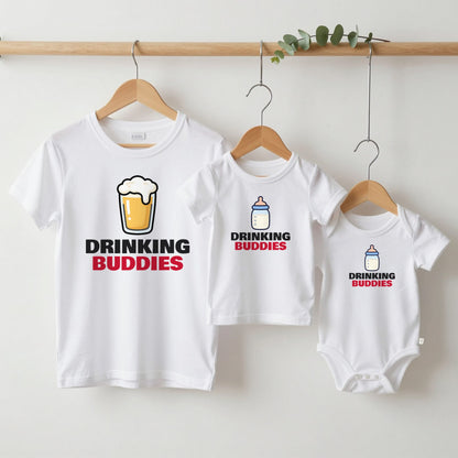 Drinking Buddies matching set grown-up tee, kids tee and baby grow on hangers