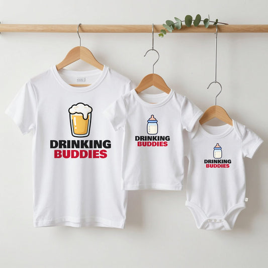 Drinking Buddies matching set grown-up tee, kids tee and baby grow on hangers