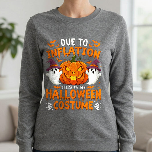 Due To Inflation This Is My Halloween Costume Sweatshirt in Dark Heather, worn, our photo