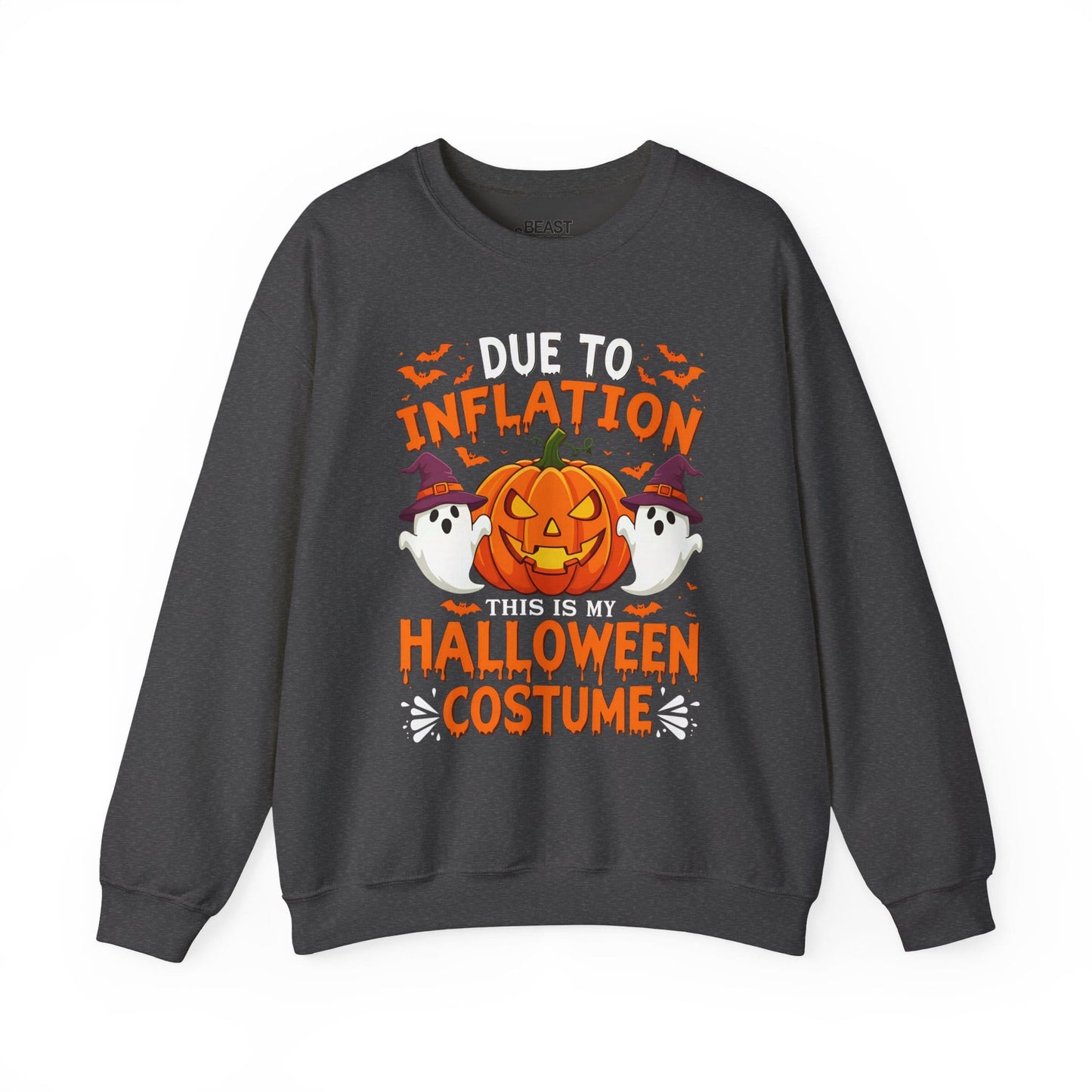 dark heather sweatshirt with bold inflation halloween graphic