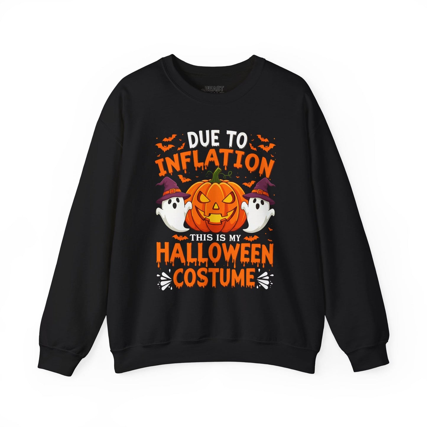 black sweatshirt with inflation joke and ghost pumpkin print