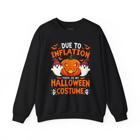 black sweatshirt with inflation joke and ghost pumpkin print