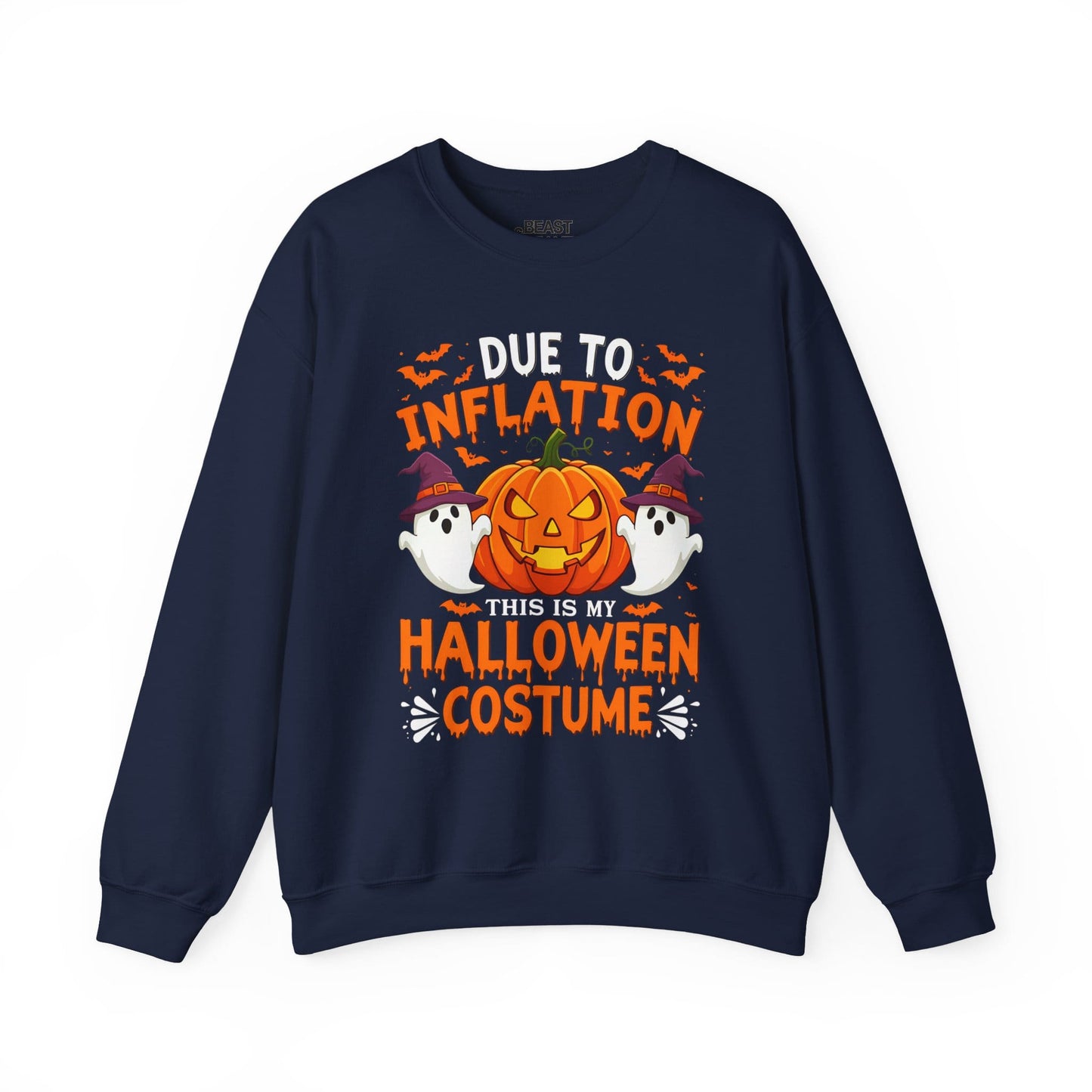navy sweatshirt with due to inflation funny halloween design