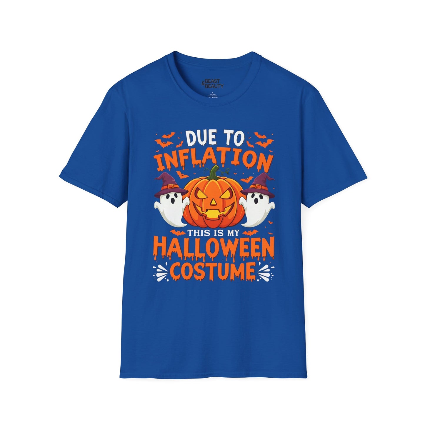 navy t-shirt with inflation joke halloween costume graphic