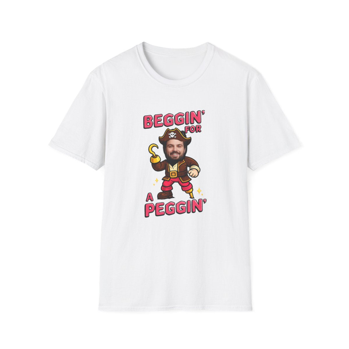 white t-shirt with beggin for a peggin personalised pirate stag do design