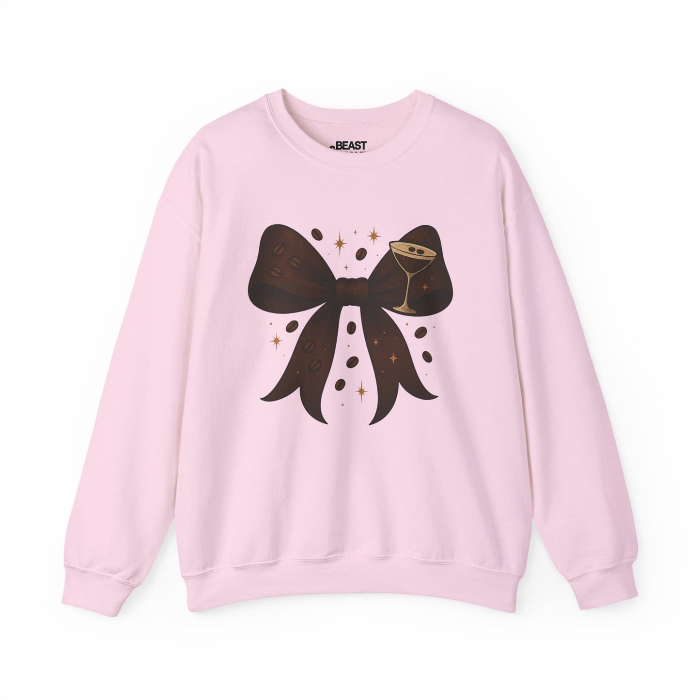 light pink sweatshirt with espresso martini bow coquette design