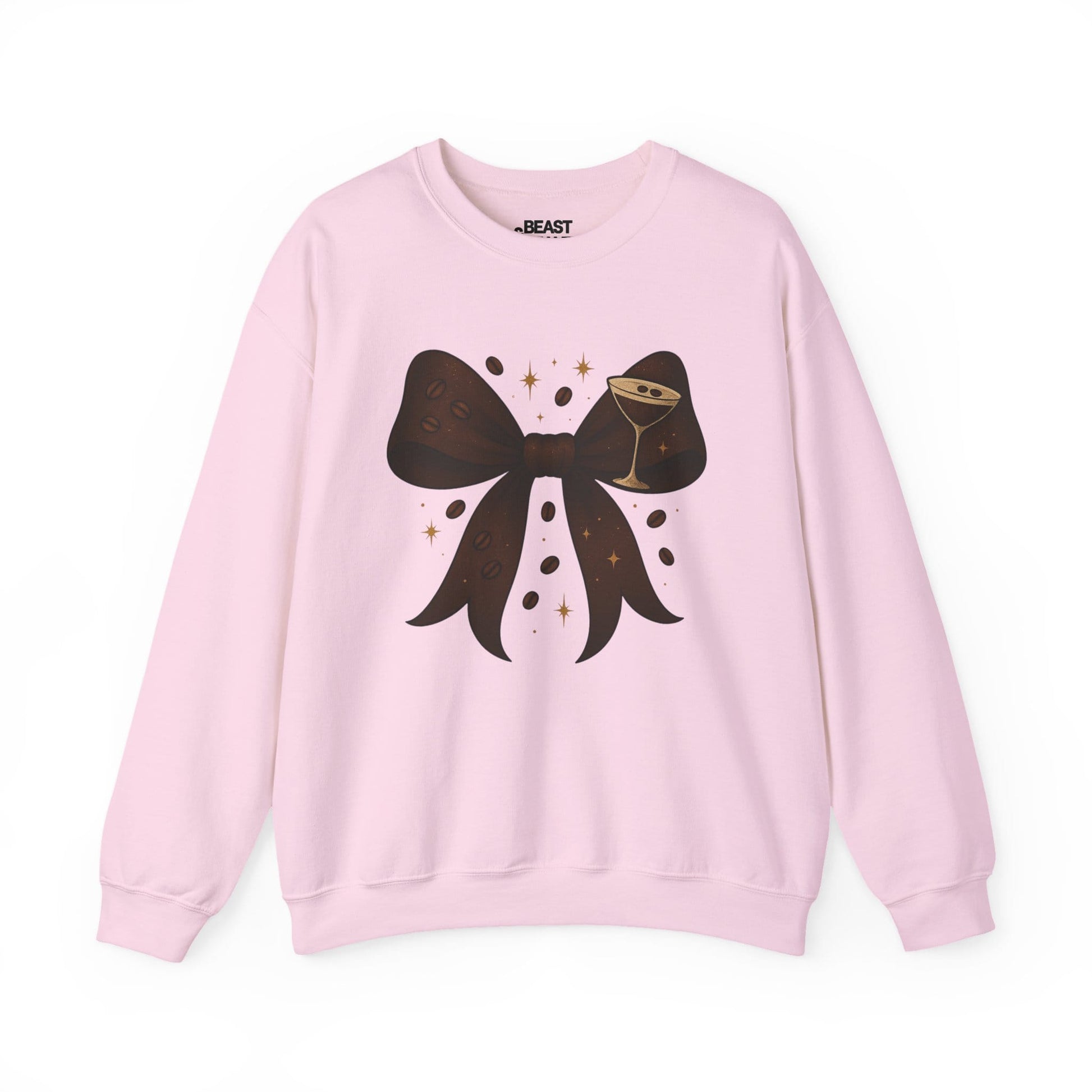 light pink sweatshirt with espresso martini bow coquette design